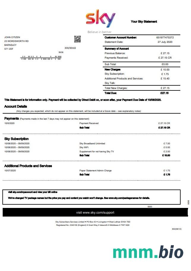 United Kingdom Sky rachunek za media statement template in Word i PDF format